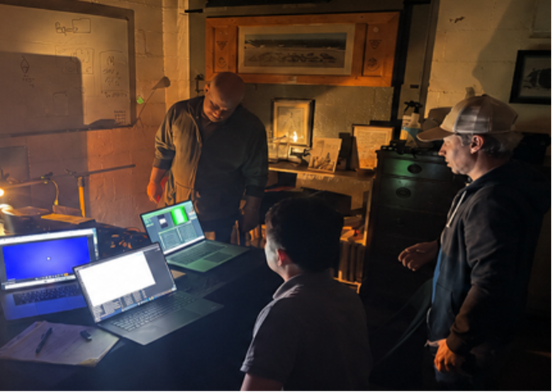 EnSenSys Sensor Engineer Ted Moore discusses recent ESS Protect AI analysis with Dr. Hao Gan and Dr. Safal Kshetri of UTIA at the EnSenSys facility near Alamo, Tennessee.